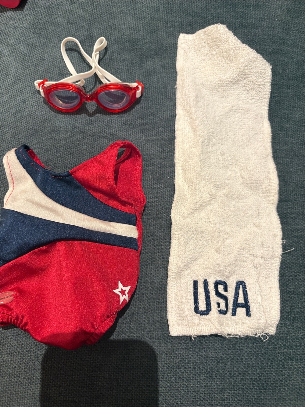 Red, White & Blue American Girl doll Swim Set with Goggles.